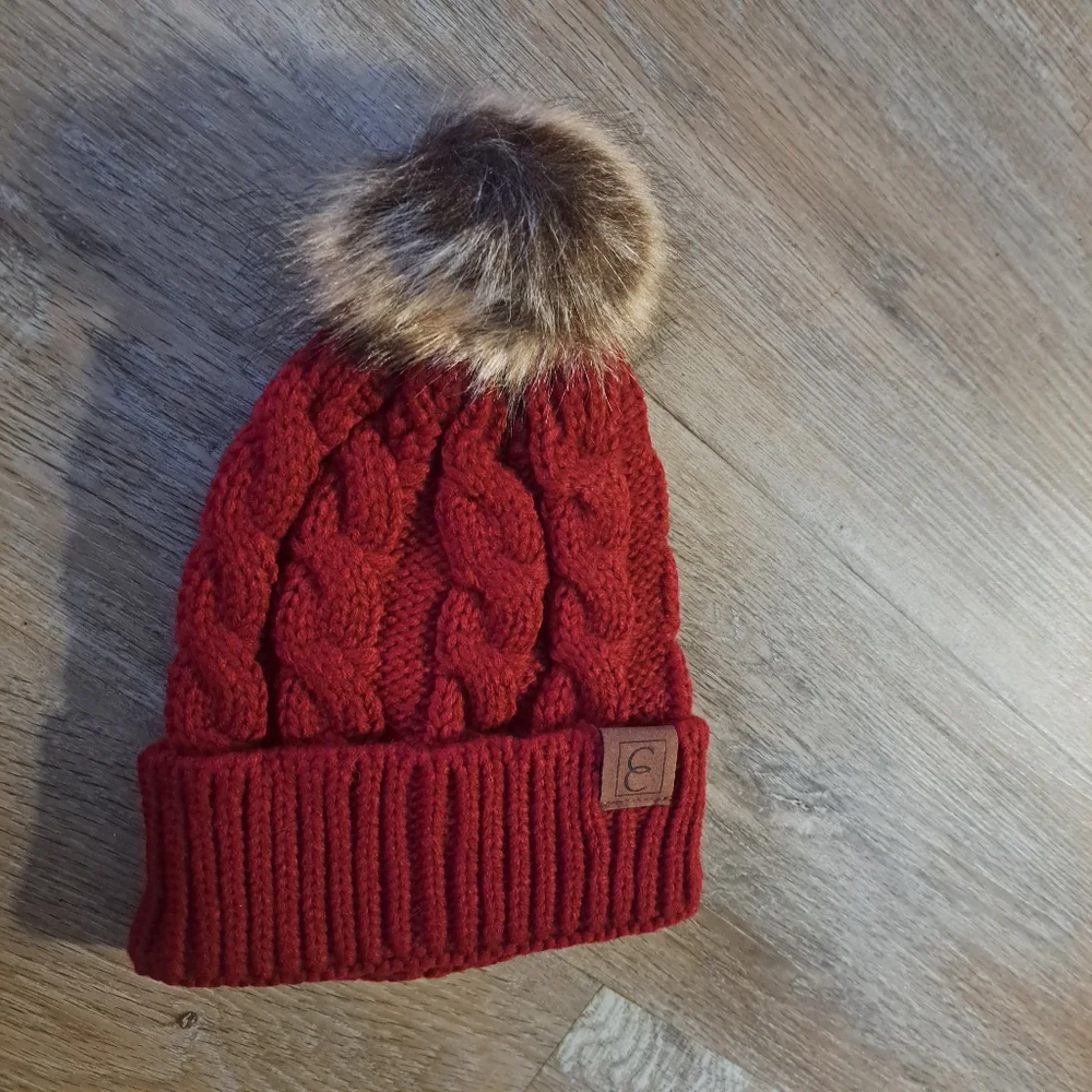 Red Maroon Burgundy Cozy Cable Knit Beanie with Pom NWOT